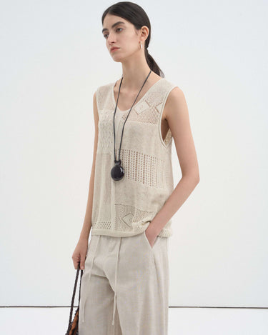 Sheer Layered Crochet Lace-Up Tank Top