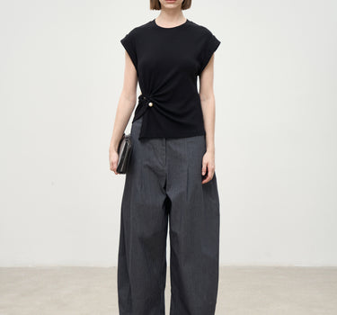 Pearl-Embellished Asymmetrical Flutter Sleeve T-Shirt