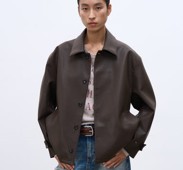 Modern Brown Leather Jacket with Clean-Cut Lapel