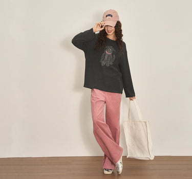 Loose-Fit Puppy Print Round Neck Knit Top