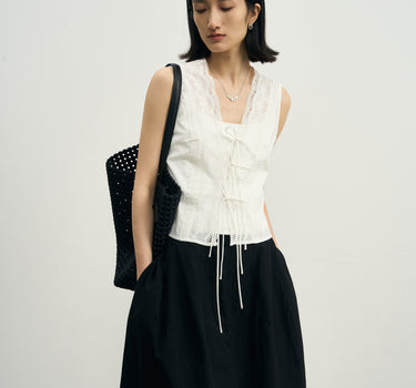 Lace-Trimmed Tie-Front V-Neck Blouse