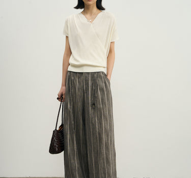Pleated V-Neck Short-Sleeve Knit Top