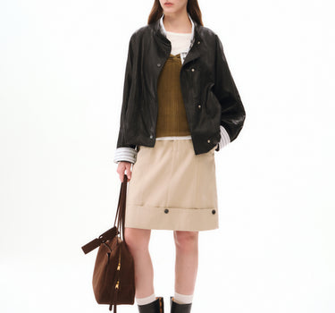 Vintage Stand-Up Collar Faux Leather Jacket