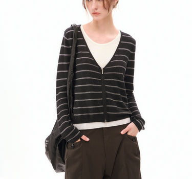 Striped V-Neck Faux Two-Piece Knit Top