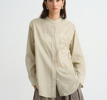 Embroidered Stand Collar Long-Sleeve Shirt