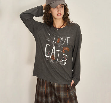 Cute Kitten Print Knit Top for Everyday Wear