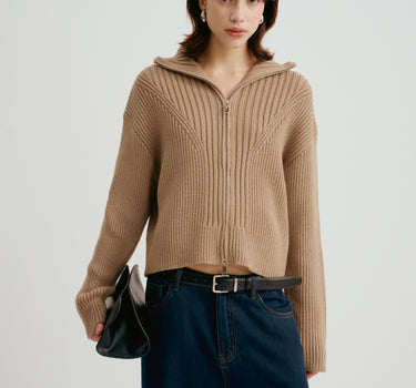 Ribbed Knit High-Neck Cardigan