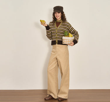 Cropped Color-Block Wool Blend Cardigan