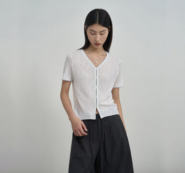 V-Neck Short-Sleeve Shirt with Ribbed Hem