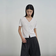 V-Neck Short-Sleeve Shirt with Ribbed Hem