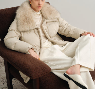 Waist-Cinching Down Jacket with Fur Collar