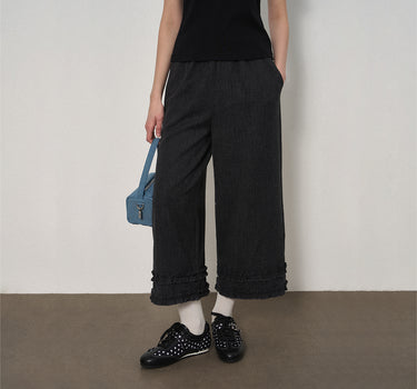 Relaxed-Fit Wide-Leg Cropped Pants with Ruffled Hem