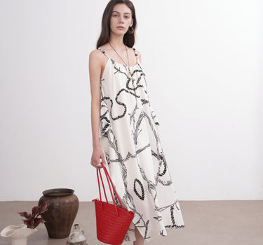 Tencel Linen Floral Print Spaghetti-Strap Dress