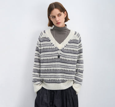 Mohair V-Neck Vintage Striped Sweater | Retro Knit