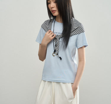 Detachable Striped Shawl-Sleeve Letter T-Shirt