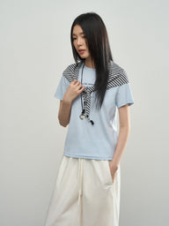 Detachable Striped Shawl-Sleeve Letter T-Shirt