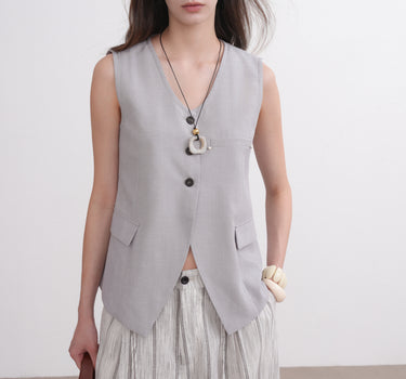 Wide V-Neck Vest with Diagonal Pockets
