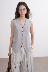 Wide V-Neck Vest with Diagonal Pockets