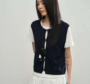 Round-Neck Faux Two-Piece Cardigan