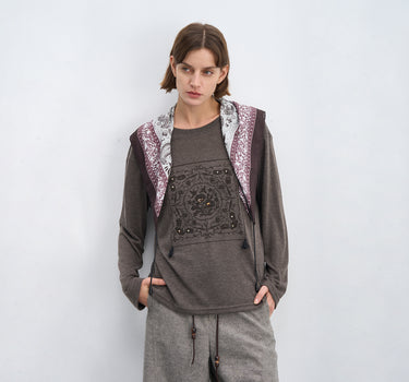 Vintage Print Beaded Long-Sleeve T-Shirt