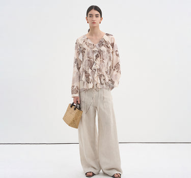 Printed Ruffle-Sleeve Long-Sleeve Blouse