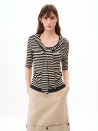 Fitted Striped Blouse with Tie-Front Detail