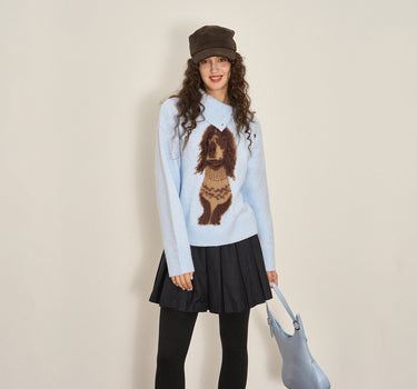 Oversized V Neck Button Knit with Dog Motif