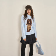 Oversized V Neck Button Knit with Dog Motif