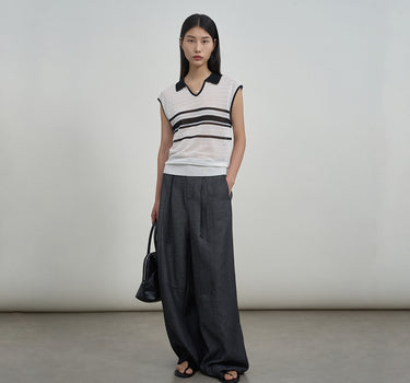 Striped V-Neck Openwork Knit