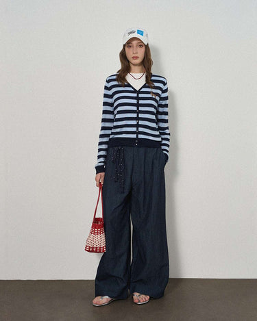 Embroidered Pony Striped Cardigan with Retro Appeal