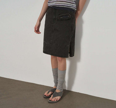 Distressed Workwear Denim Skirt with Patchwork Details