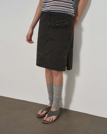 Distressed Workwear Denim Skirt with Patchwork Details