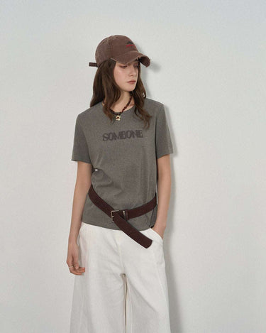 Letter Print T-Shirt with Tonal Embroidery