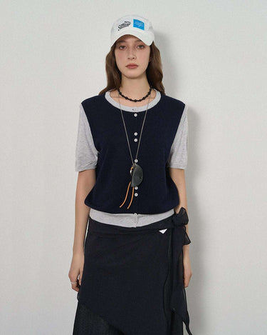 Faux Two-Piece Knit Short-Sleeve Top