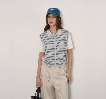 Patchwork Collar Zipper Short Sleeve: Retro Meets Modern