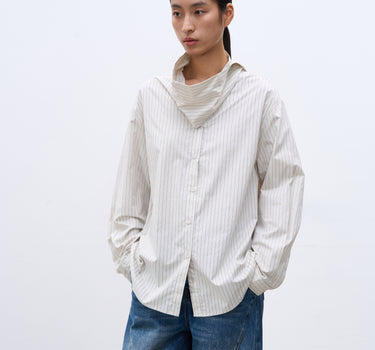 Asymmetric Collar Beaded Striped Cotton Shirt