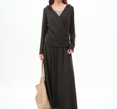 Hooded V-Neck Knit Top and Maxi Skirt Set