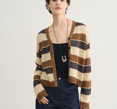 Striped V Neck Openwork Knit Cardigan