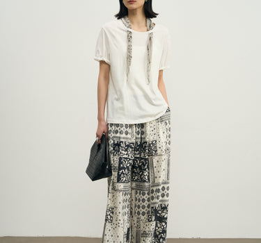 Artistic Silk-Accented Short-Sleeve Top
