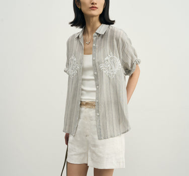 Vacation-Style Striped Embroidered Shirt