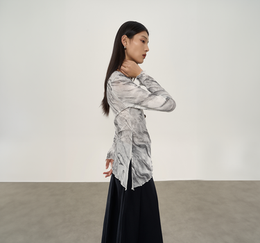 Asymmetric Long Top with Artistic Ink-Wash Texture