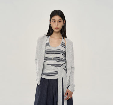 French Cardigan Striped Tank Two-Piece Set