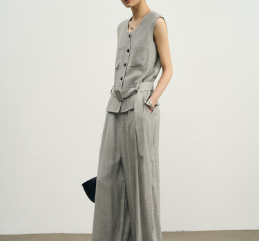 Linen-Look Belted Vest and Pants Set