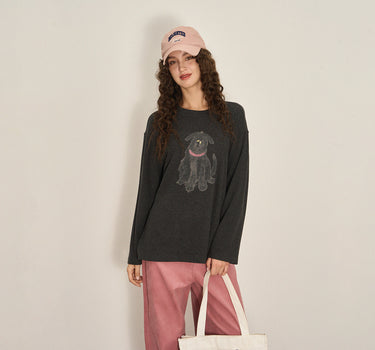 Loose-Fit Puppy Print Round Neck Knit Top