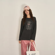 Loose-Fit Puppy Print Round Neck Knit Top