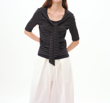 Fitted Striped Blouse with Tie-Front Detail