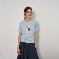 Cartoon Cat Pattern Short-Sleeve Knit Top
