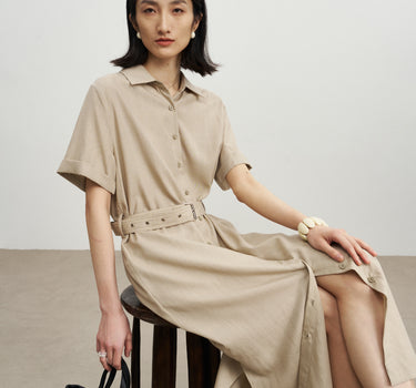 Tailored Short-Sleeve Dress with Adjustable Belt