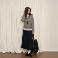 Patchwork V-Neck Knit with Blouse Collar