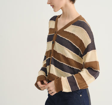 Striped V Neck Openwork Knit Cardigan
